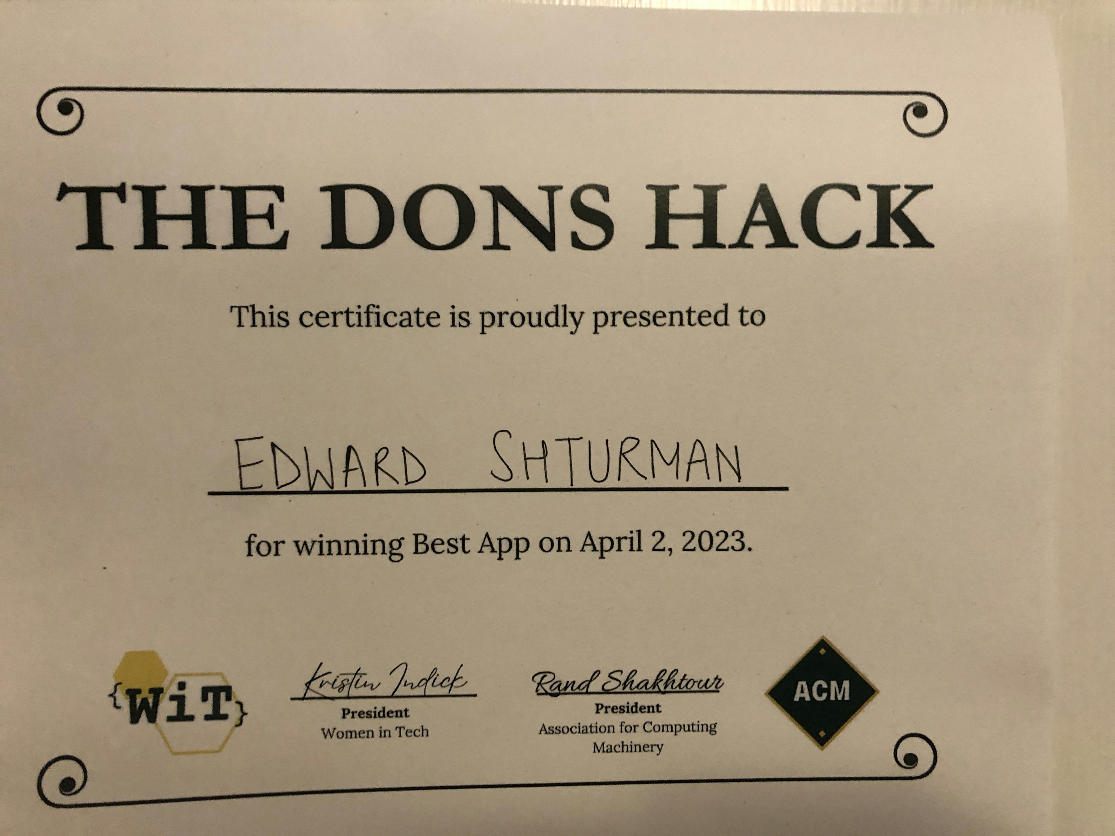 A certificate congratulating me for winning Best App at Dons Hack 2023.