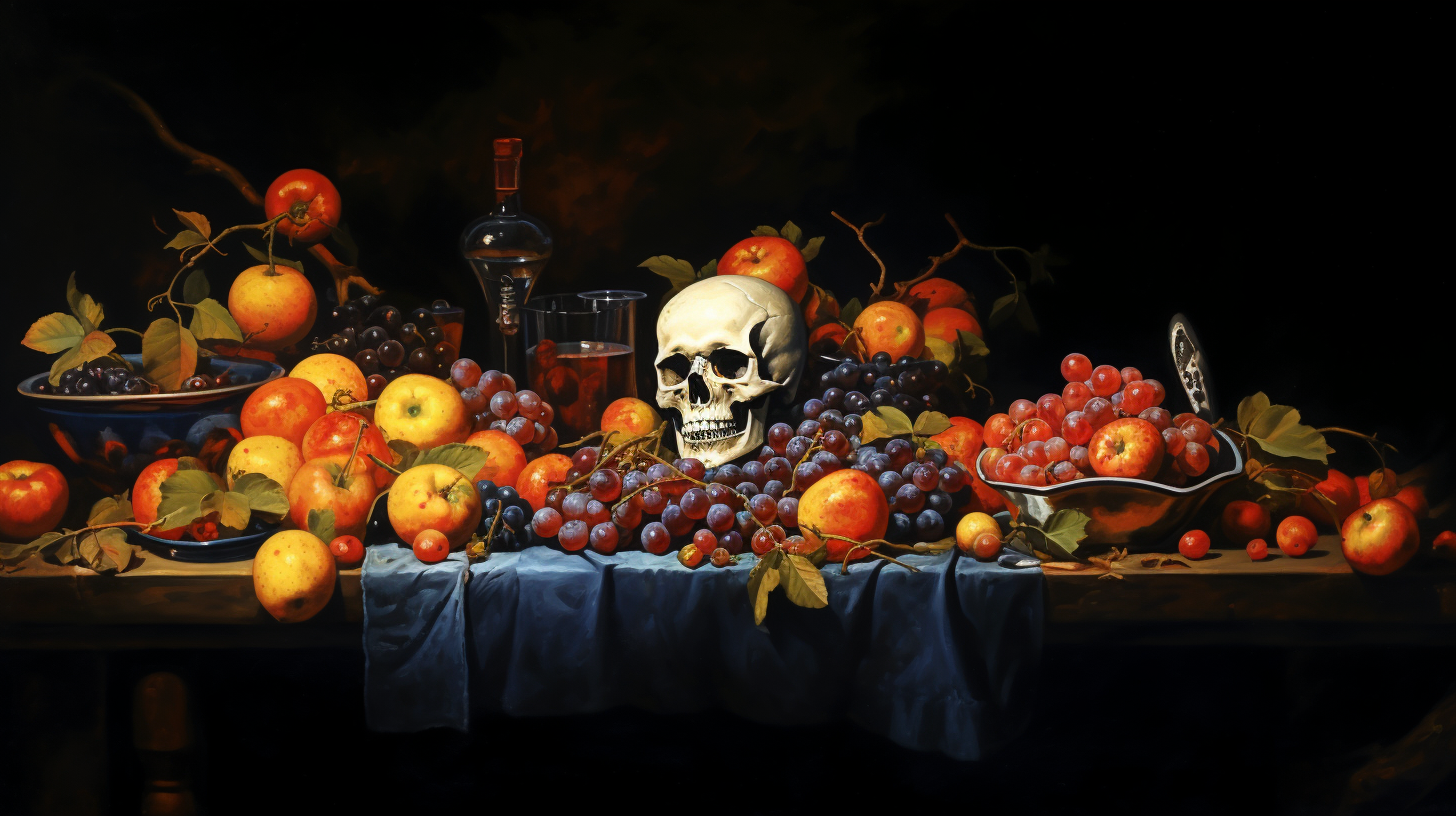 An AI-generated image of a skull in the middle of a spread of fruits, wine bottles, and other objects befitting a still life painting